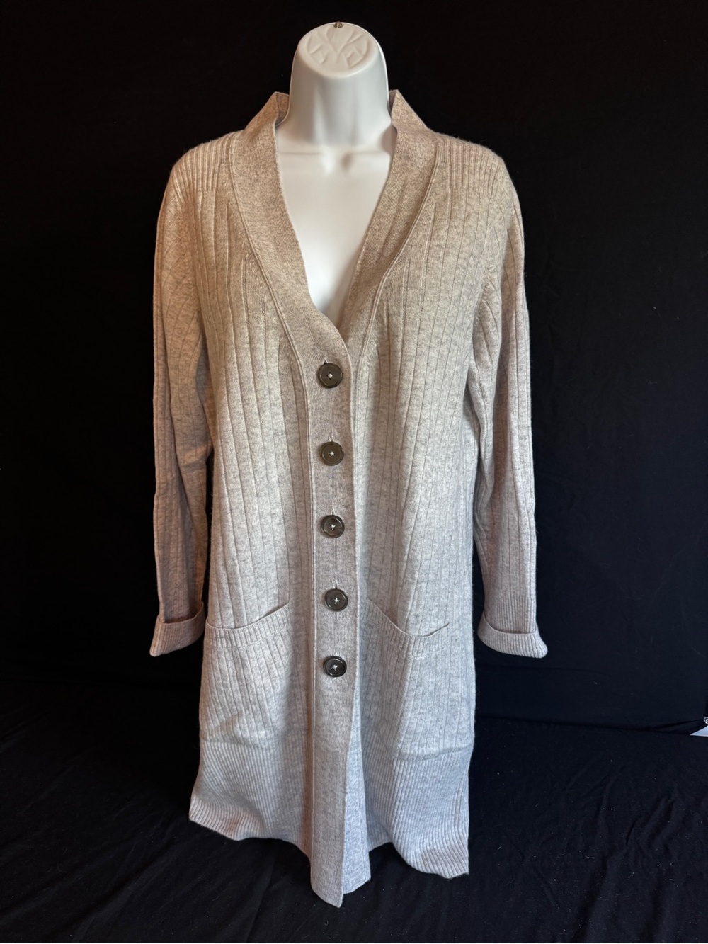 Pure Collection Long Ribbed Button-Front Cardigan - Cream